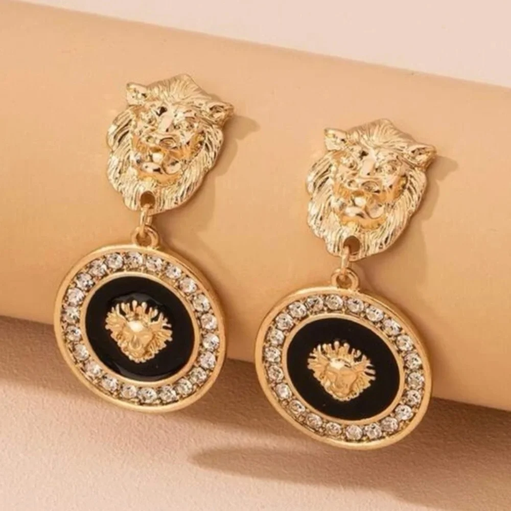 Last One! Gold & Black Lioness Dangle Earrings